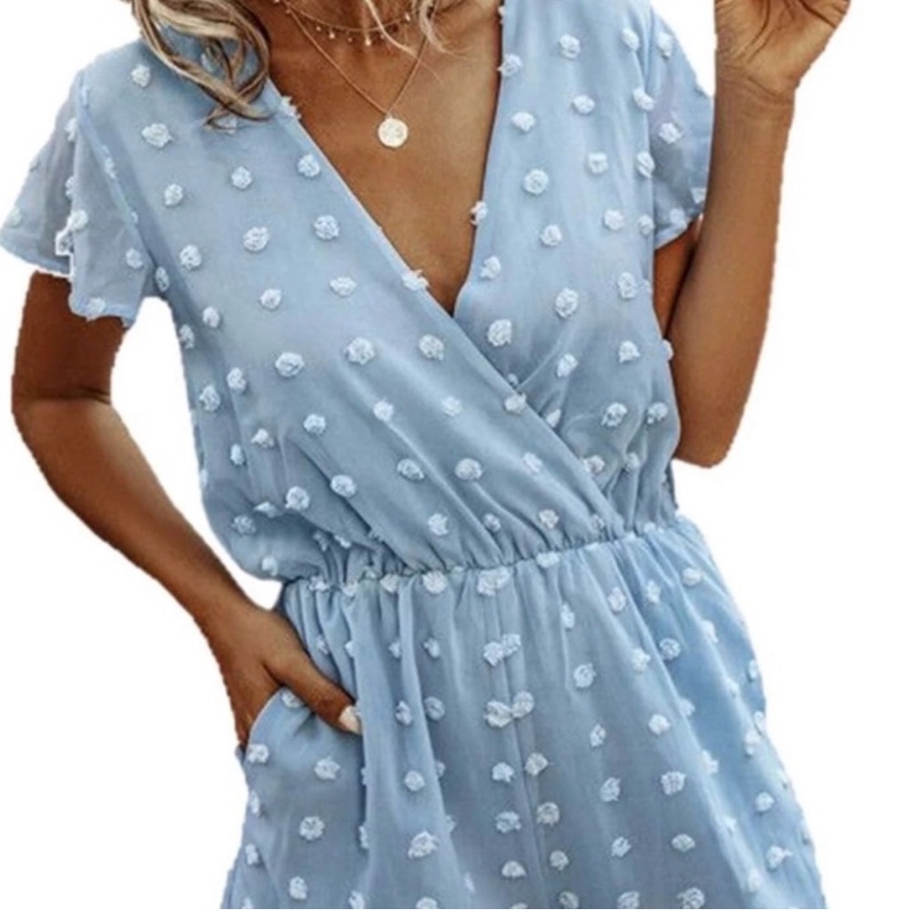 Light Blue Swiss Dot Romper - Picture 2 of 5